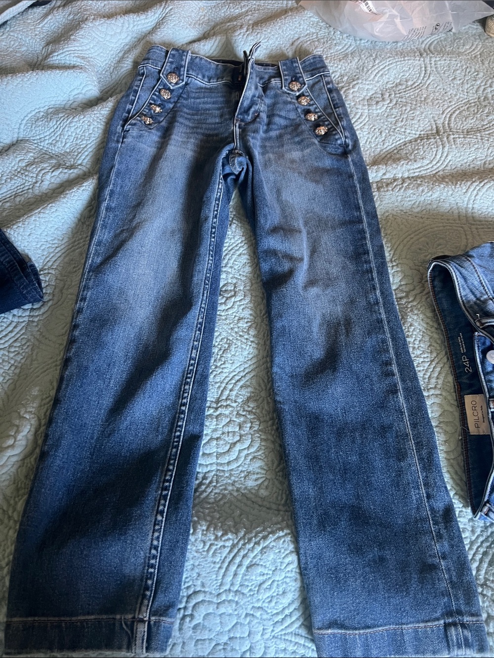 White House Black Market Dark Blue Straight-Leg Jeans with Decorative Buttons
